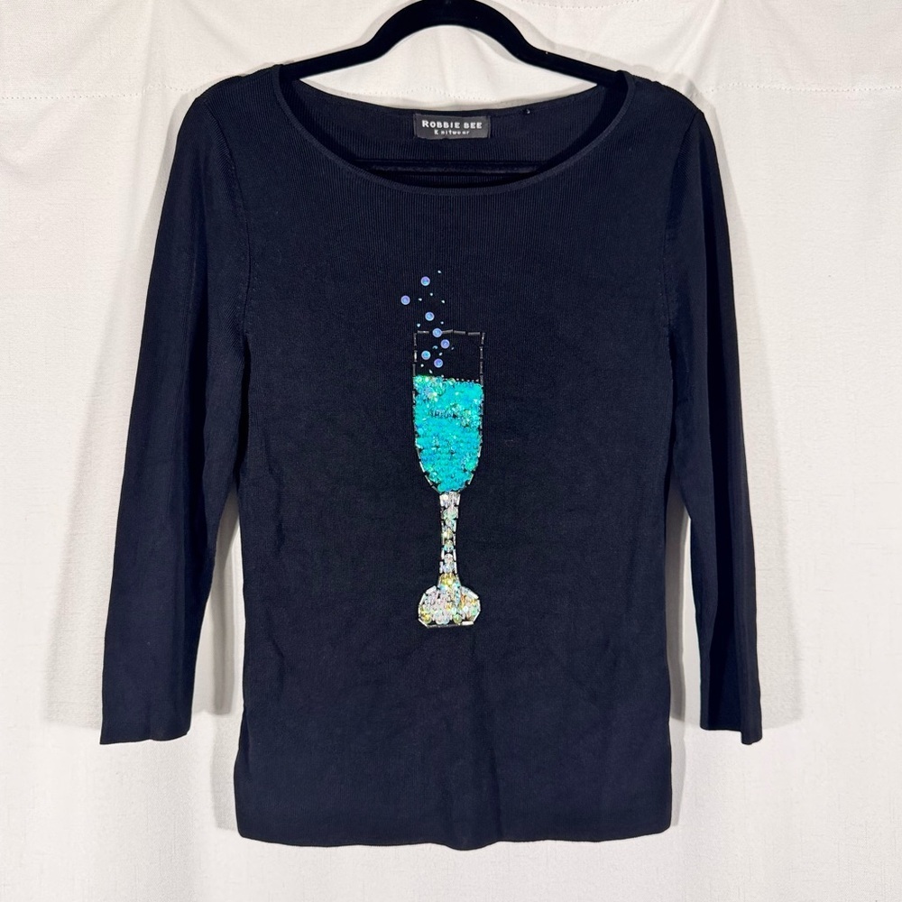 Robbie Bee Vintage Black Knit Top w/ Sequin Champagne Glass Graphic